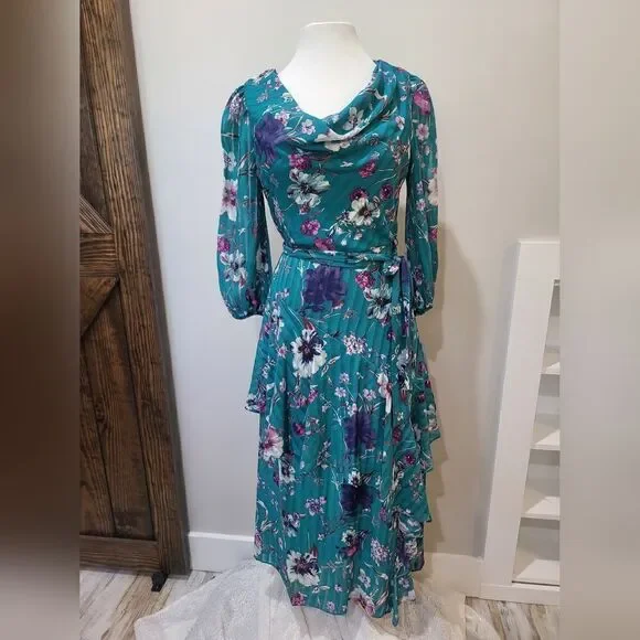 MAISON TARA Floral-Print Pleated Midi Dress NWT size 4 Teal/Blue - Picture 3 of 5